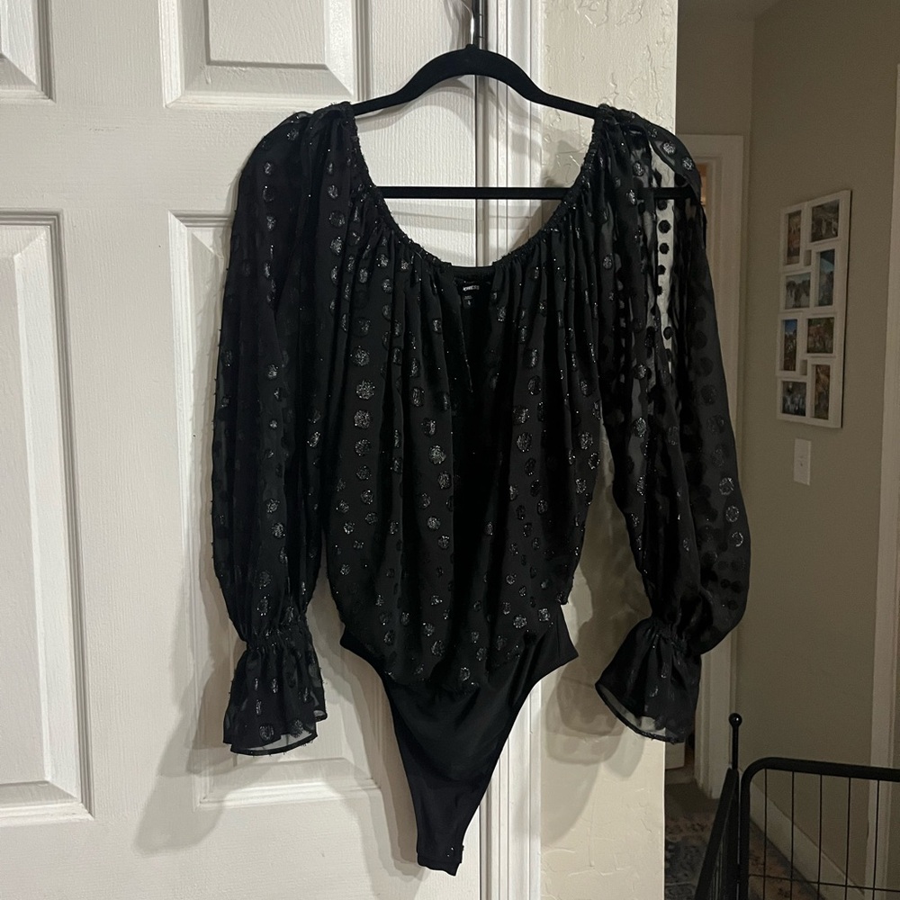 Express Black Textured polkadot shimmer Bodysuit